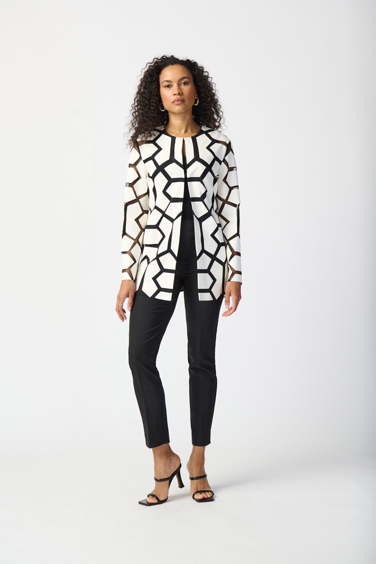 Joseph Ribkoff Vanilla/Black Laser-Cut Leatherette on Mesh Jacket