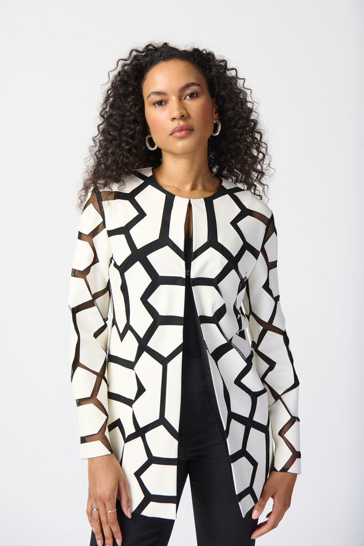 Joseph Ribkoff Vanilla/Black Laser-Cut Leatherette on Mesh Jacket