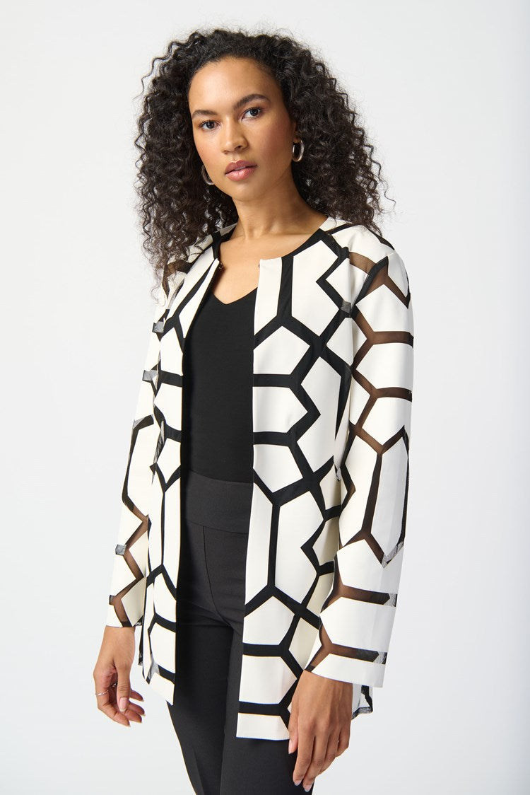 Joseph Ribkoff Vanilla/Black Laser-Cut Leatherette on Mesh Jacket