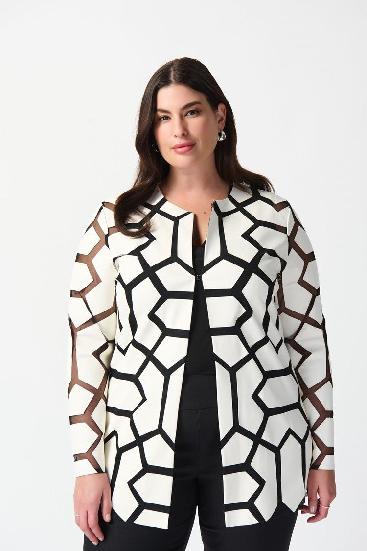 Joseph Ribkoff Vanilla/Black Laser-Cut Leatherette on Mesh Jacket