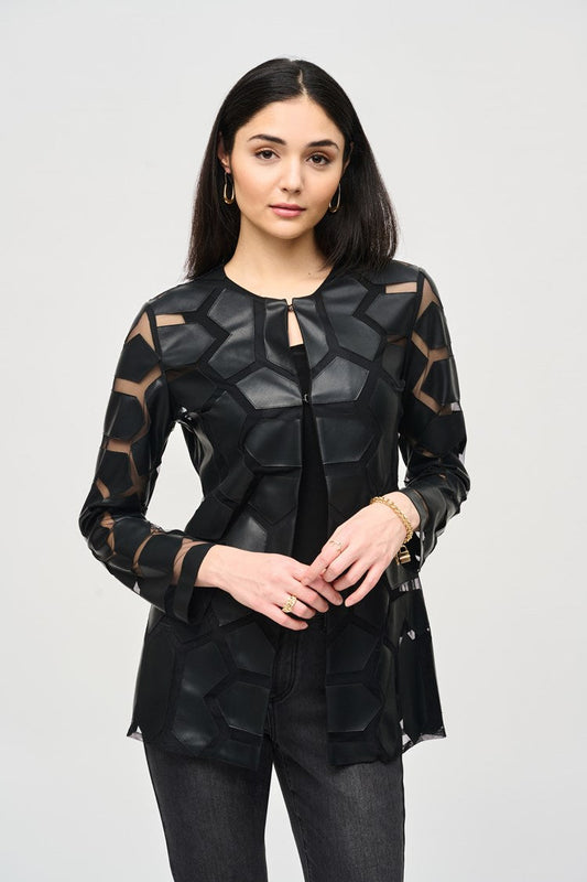 Joseph Ribkoff Black On Black Laser-Cut Leatherette on Mesh Jacket