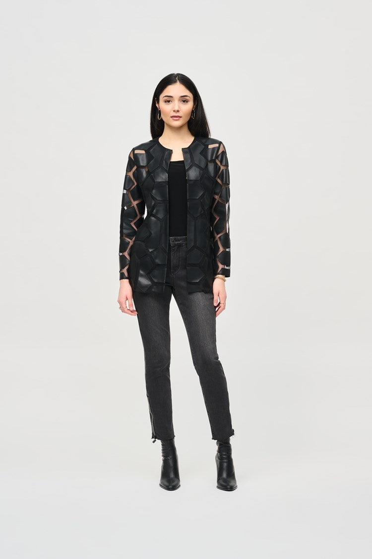 Joseph Ribkoff Black On Black Laser-Cut Leatherette on Mesh Jacket