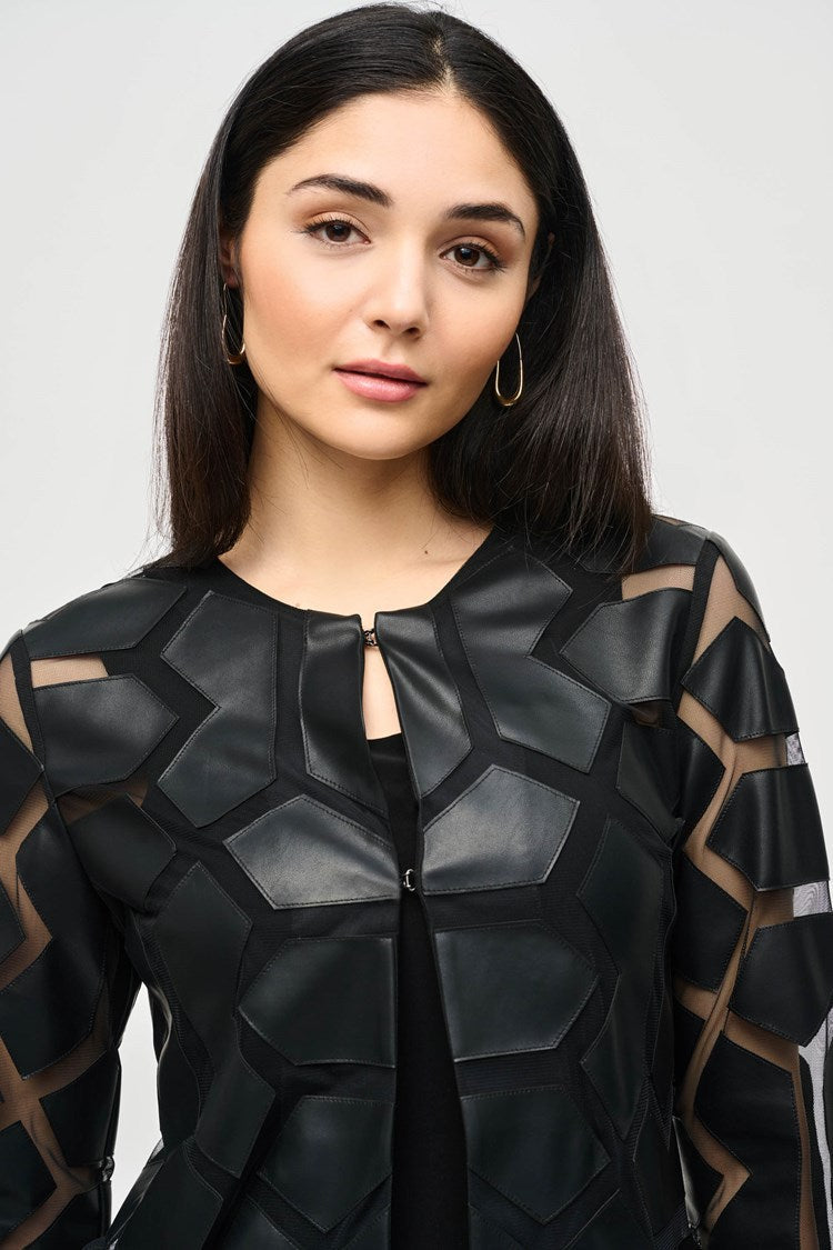 Joseph Ribkoff Black On Black Laser-Cut Leatherette on Mesh Jacket