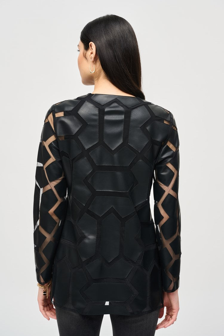 Joseph Ribkoff Black On Black Laser-Cut Leatherette on Mesh Jacket