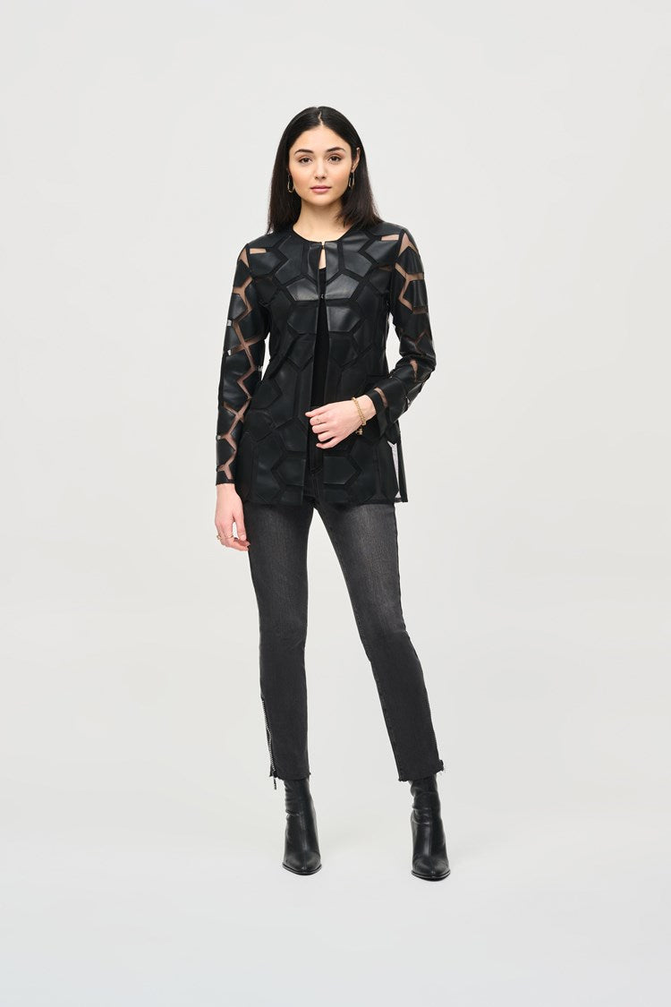 Joseph Ribkoff Black On Black Laser-Cut Leatherette on Mesh Jacket