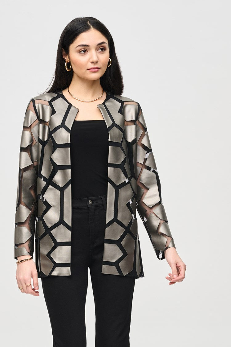 Joseph Ribkoff Gold On Black Laser-Cut Leatherette on Mesh Jacket