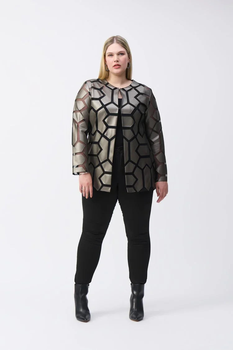 Joseph Ribkoff Gold On Black Laser-Cut Leatherette on Mesh Jacket