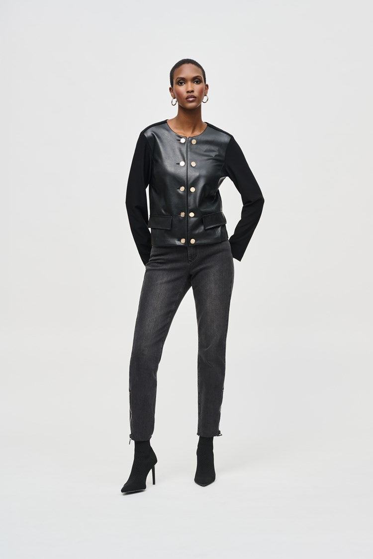 Joseph Ribkoff Black Silky Knit and Leatherette Jacket