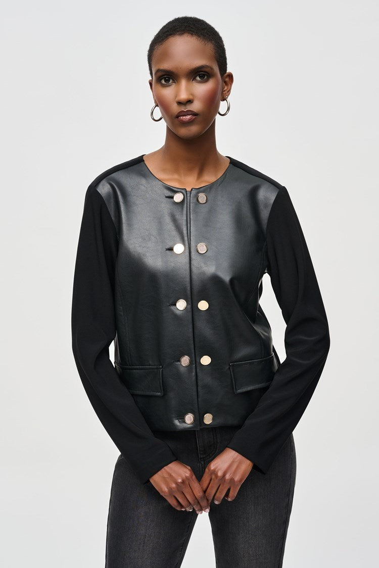 Joseph Ribkoff Black Silky Knit and Leatherette Jacket