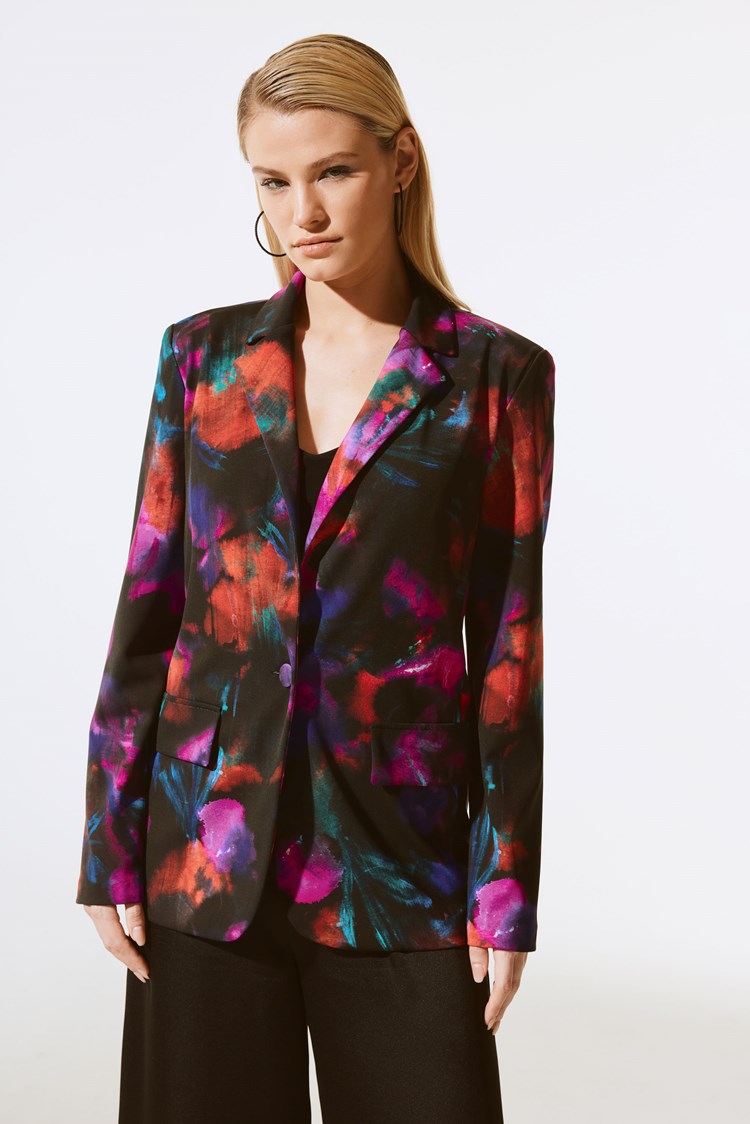 Joseph Ribkoff Black/Multi Silky Knit Floral Print Straight Blazer