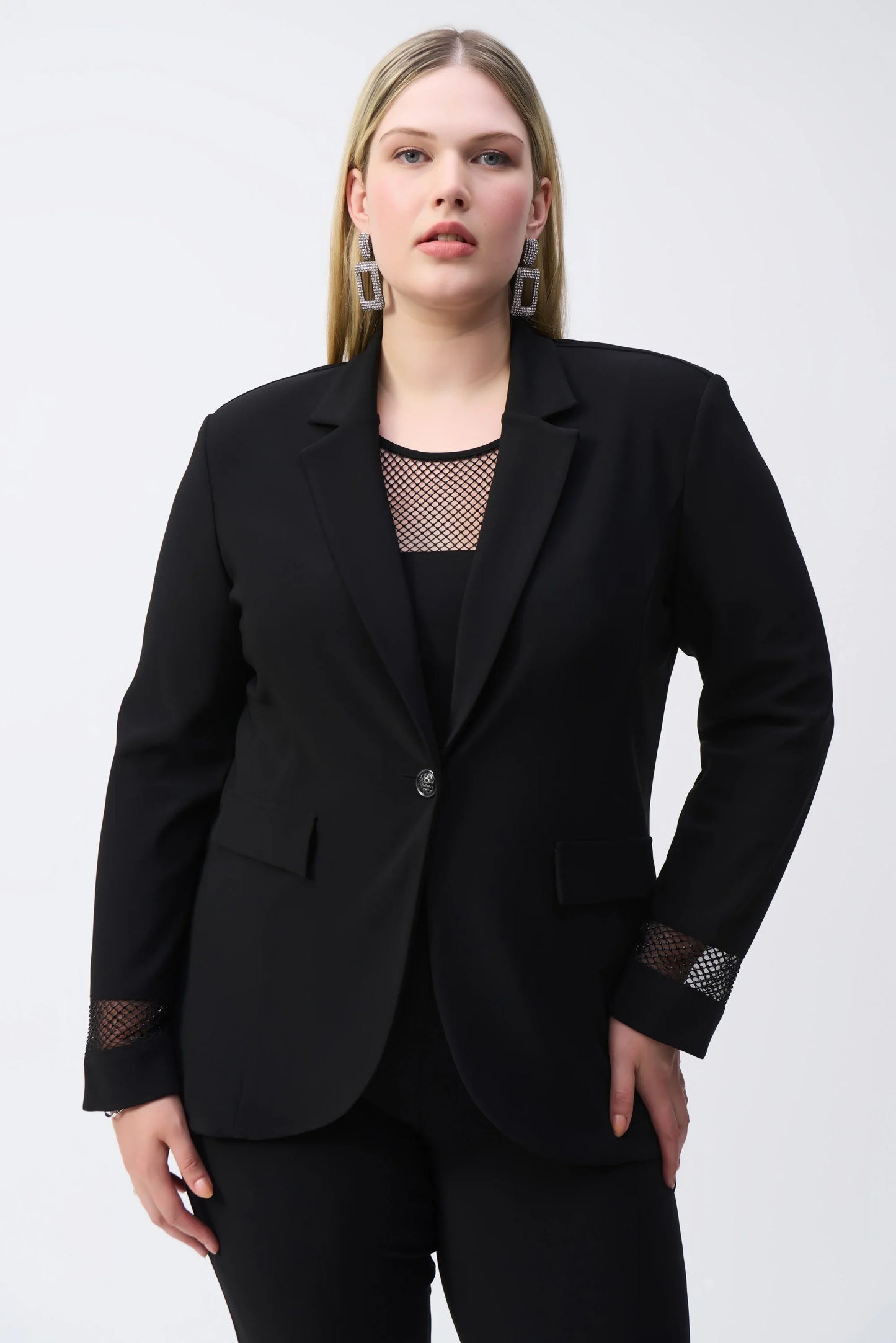 Joseph Ribkoff Black Silky Knit and Rhinestone Mesh Blazer