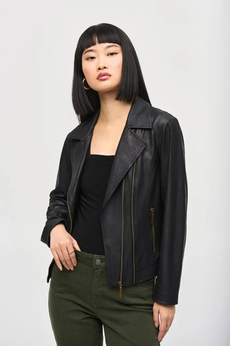 Joseph Ribkoff Black Foiled Knit Moto Jacket