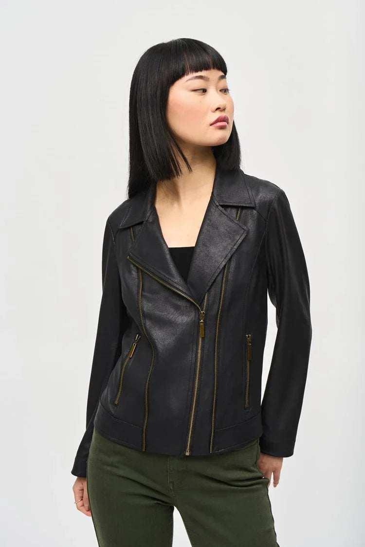 Joseph Ribkoff Black Foiled Knit Moto Jacket