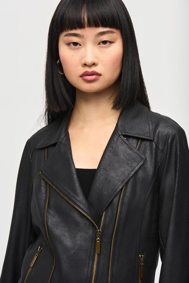 Joseph Ribkoff Black Foiled Knit Moto Jacket