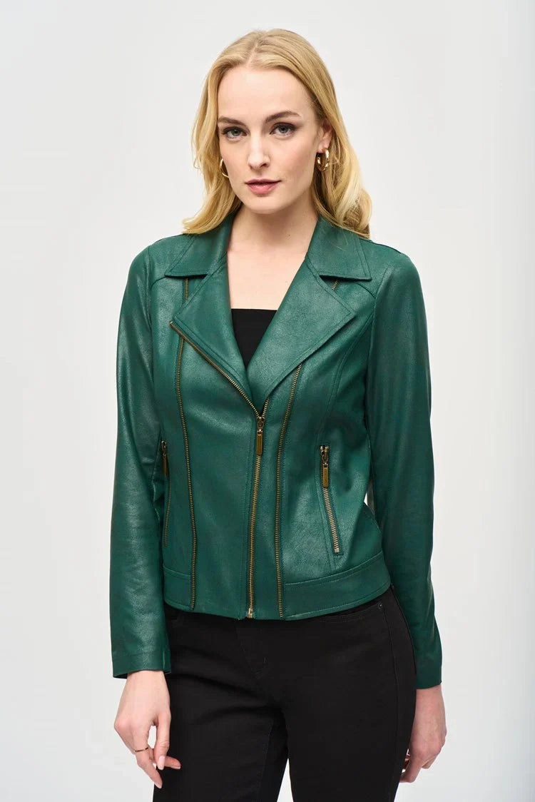 Joseph Ribkoff Absolute Green Foiled Knit Moto Jacket