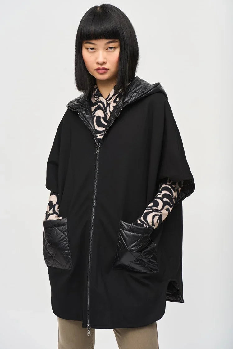 Joseph Ribkoff Black Heavy Knit Reversible Hooded Cape