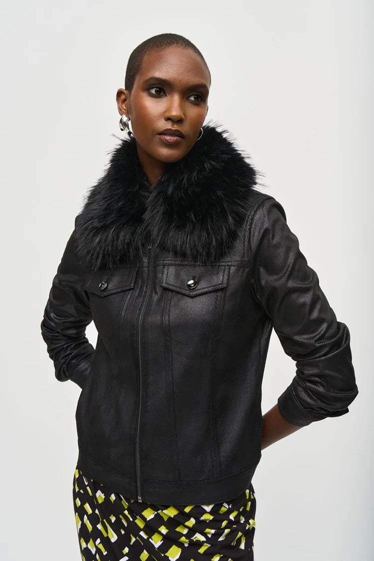 Joseph Ribkoff Black Faux Fur Collar Suede Jacket