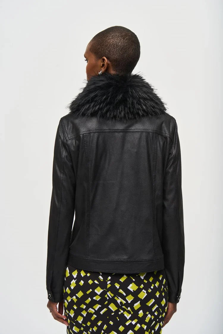 Joseph Ribkoff Black Faux Fur Collar Suede Jacket