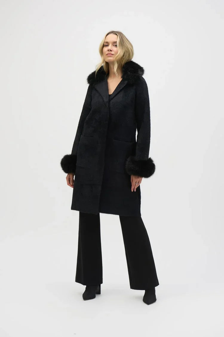 Joseph Ribkoff Black Feather Yarn And Faux Fur Sweater Coat