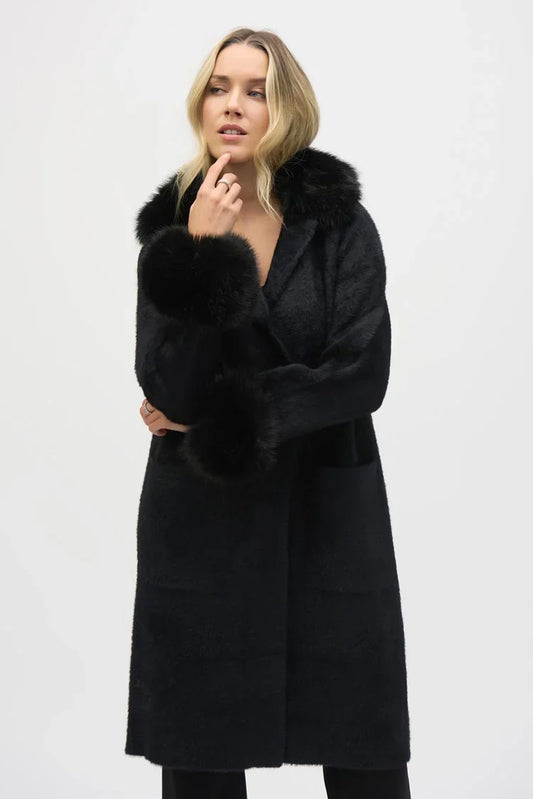 Joseph Ribkoff Black Feather Yarn And Faux Fur Sweater Coat