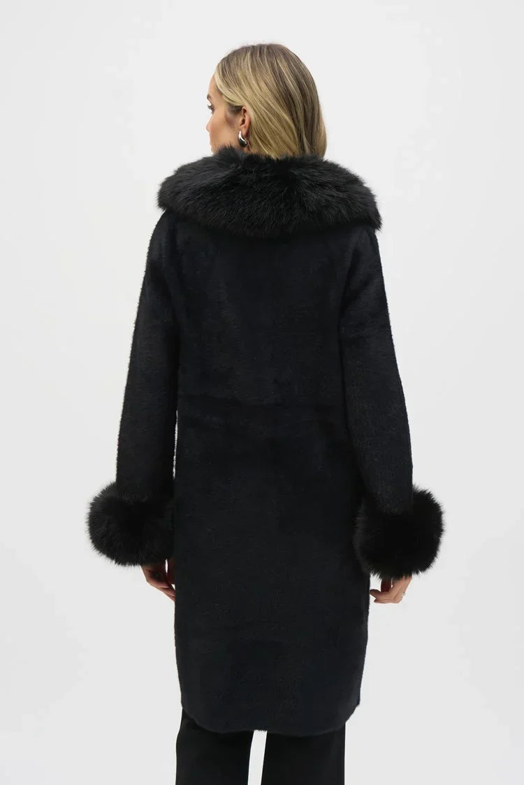 Joseph Ribkoff Black Feather Yarn And Faux Fur Sweater Coat