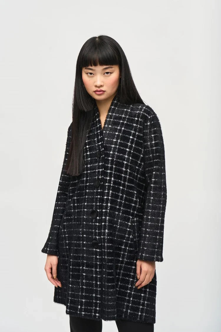 Joseph Ribkoff Black/White Plaid Feather Yarn Sweater Coat