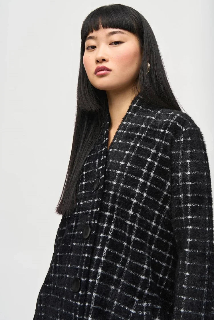 Joseph Ribkoff Black/White Plaid Feather Yarn Sweater Coat