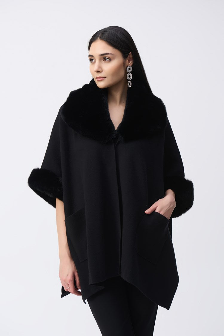 Joseph Ribkoff Black Brushed Jacquard and Faux Fur Cape