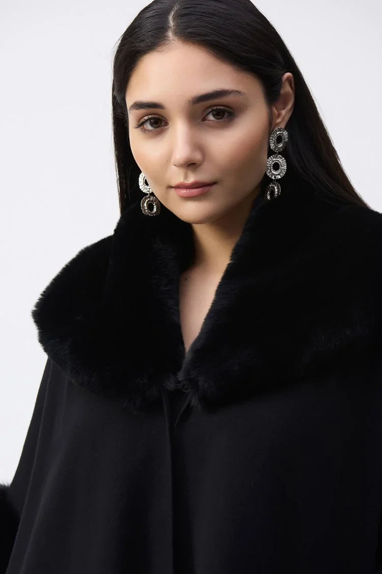 Joseph Ribkoff Black Brushed Jacquard and Faux Fur Cape