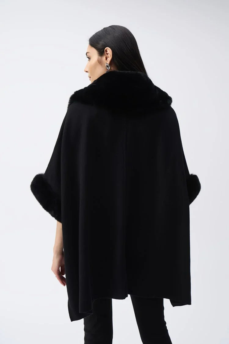 Joseph Ribkoff Black Brushed Jacquard and Faux Fur Cape