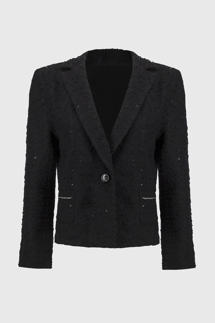 Joseph Ribkoff Black Sequin Boucl¨¦ Blazer with Chain Trim Detail