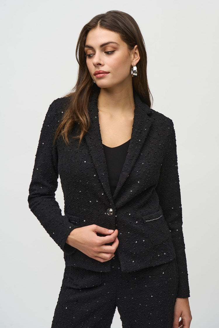 Joseph Ribkoff Black Sequin Boucl¨¦ Blazer with Chain Trim Detail