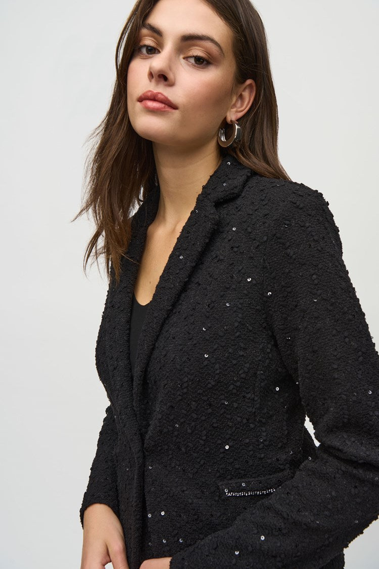 Joseph Ribkoff Black Sequin Boucl¨¦ Blazer with Chain Trim Detail