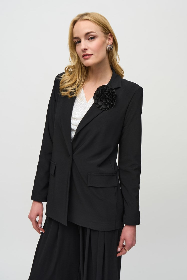 Joseph Ribkoff Black Silky Knit Boxy Blazer With Flower Pin