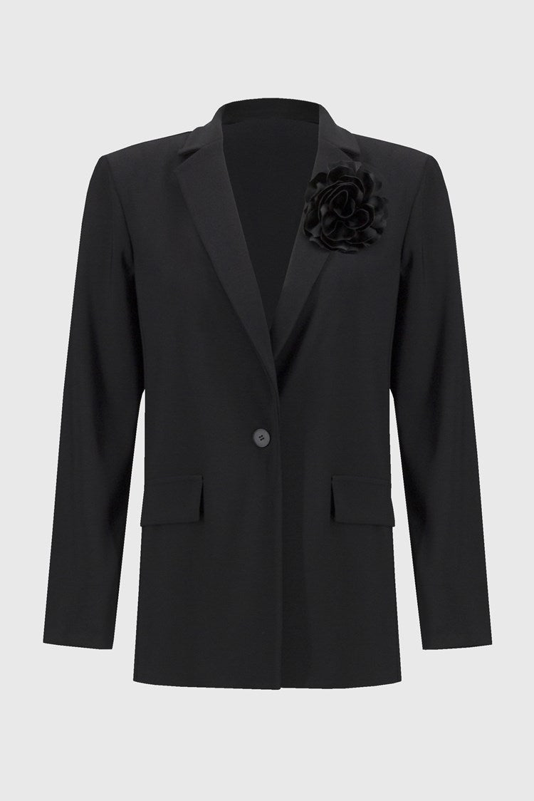 Joseph Ribkoff Black Silky Knit Boxy Blazer With Flower Pin