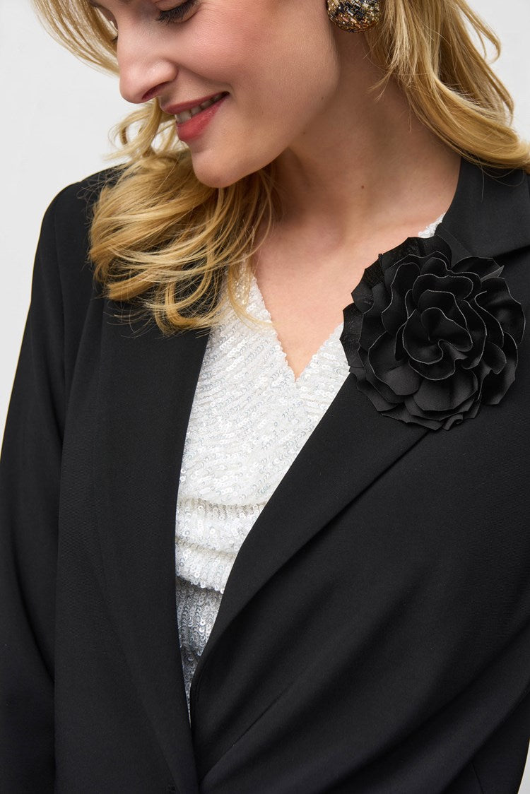 Joseph Ribkoff Black Silky Knit Boxy Blazer With Flower Pin