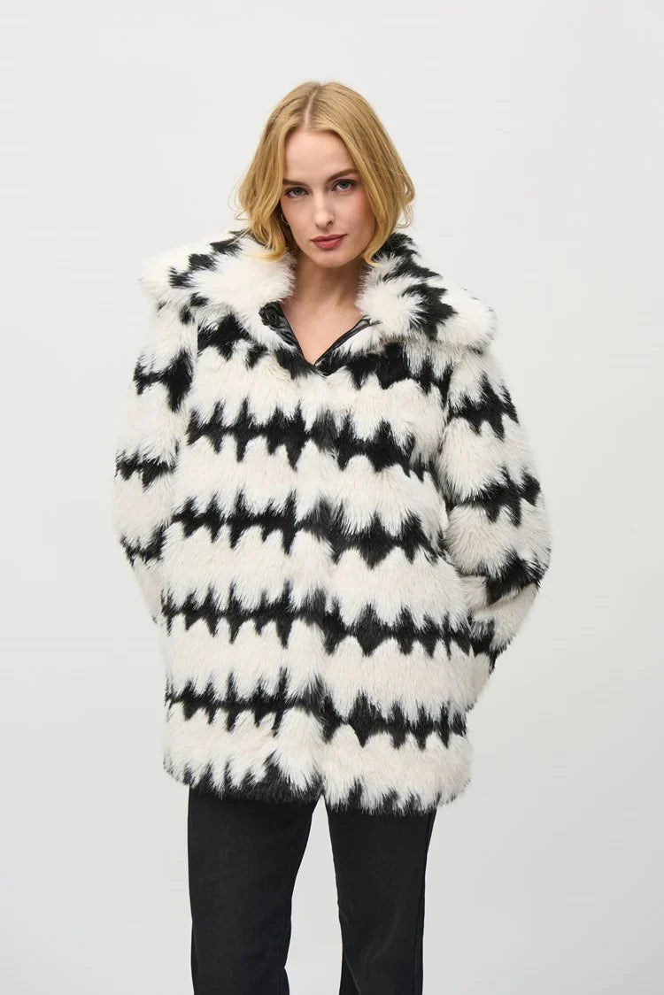 Joseph Ribkoff Vanilla/Black Reversible Faux Fur Coat