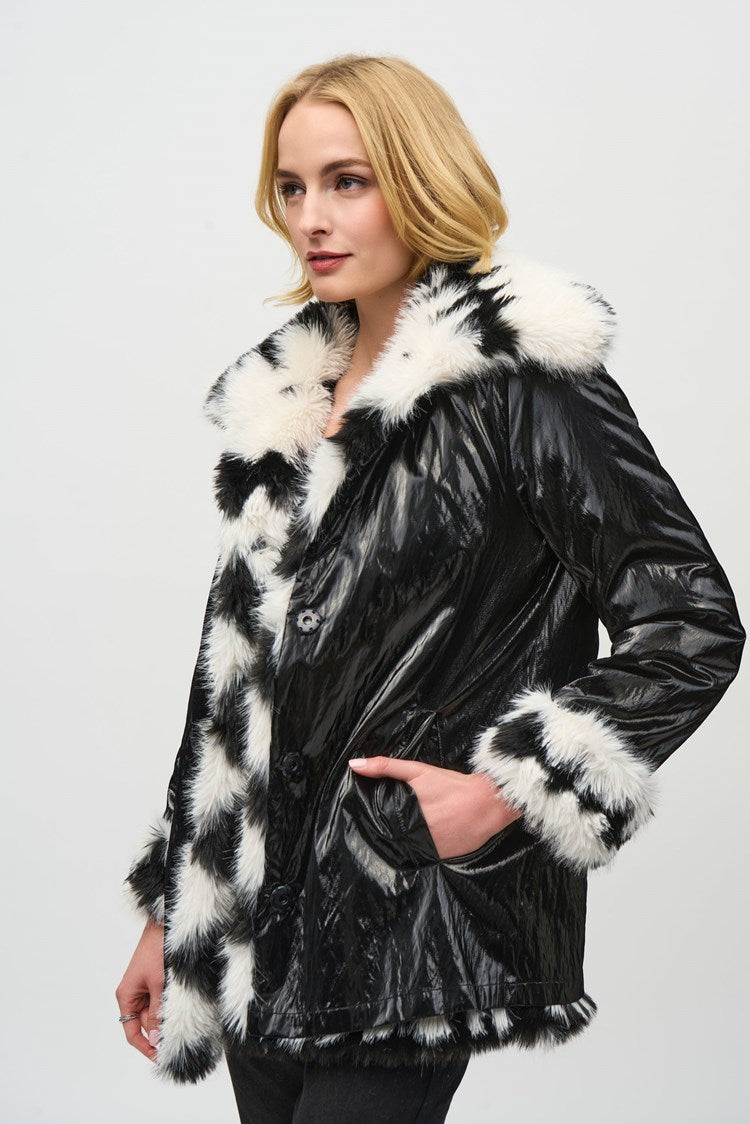 Joseph Ribkoff Vanilla/Black Reversible Faux Fur Coat