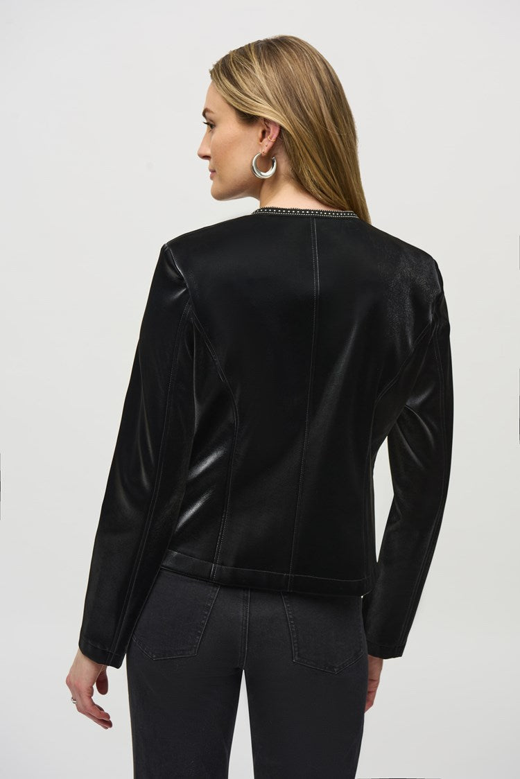 Joseph Ribkoff Black Leatherette Jacket with Rhinestone Trim