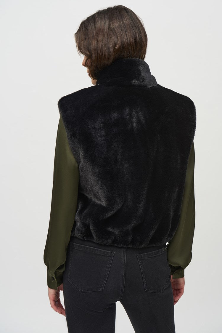 Joseph Ribkoff Black Faux-Fur Sleeveless Cropped Vest