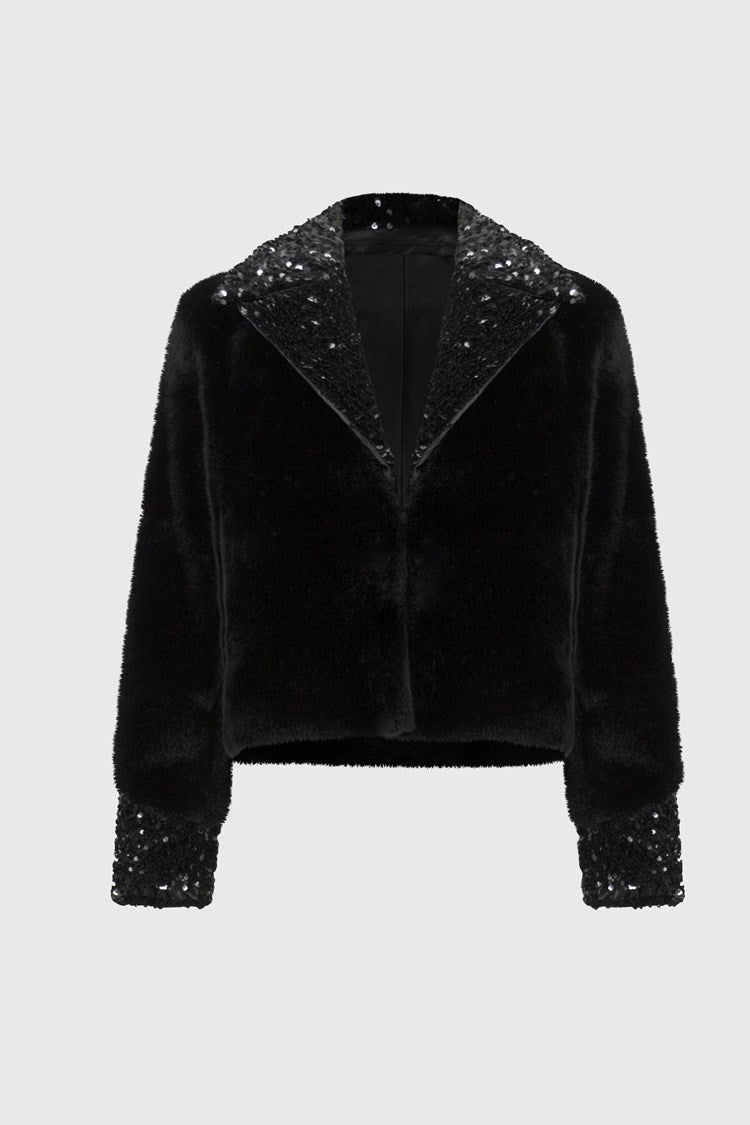 Joseph Ribkoff Black Faux Fur Jacket with Sequins Trim