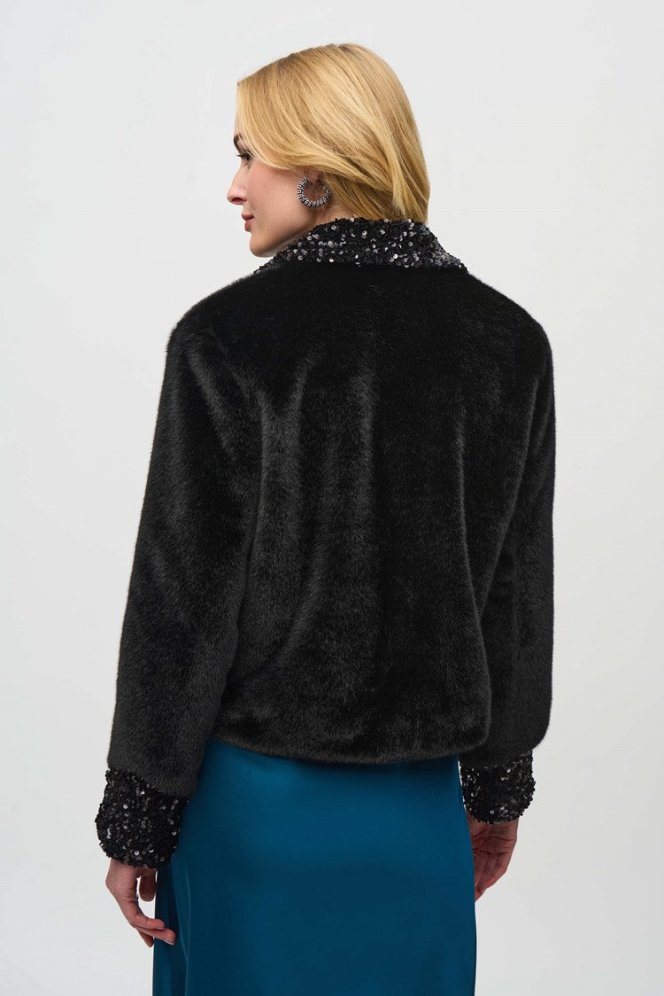 Joseph Ribkoff Black Faux Fur Jacket with Sequins Trim