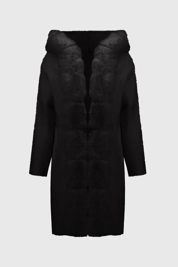 Joseph Ribkoff Black Sweater Knit and Faux Fur Hooded Coat