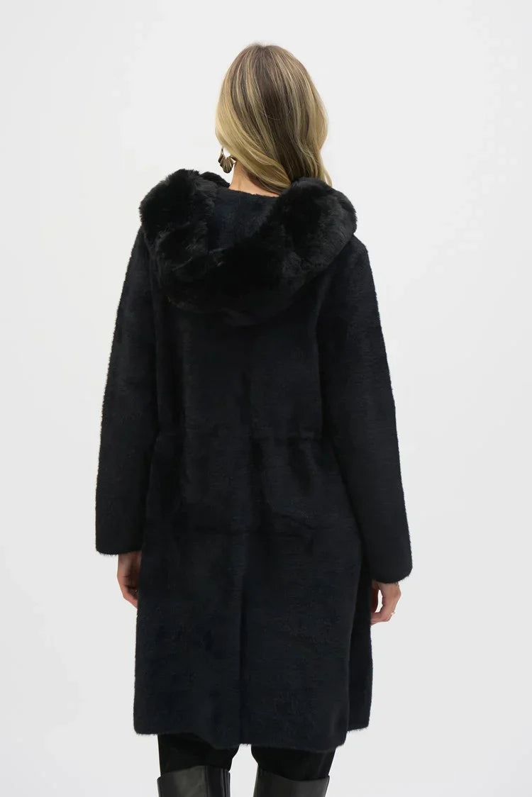 Joseph Ribkoff Black Sweater Knit and Faux Fur Hooded Coat