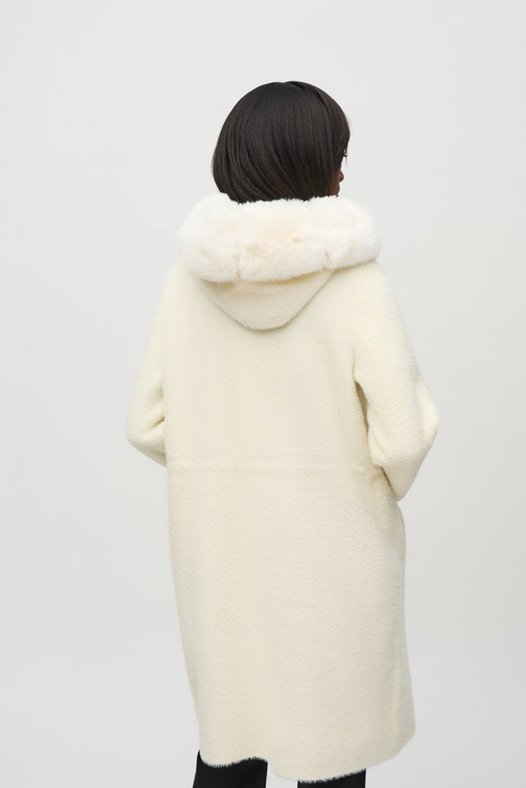 Joseph Ribkoff Vanilla Sweater Knit and Faux Fur Hooded Coat