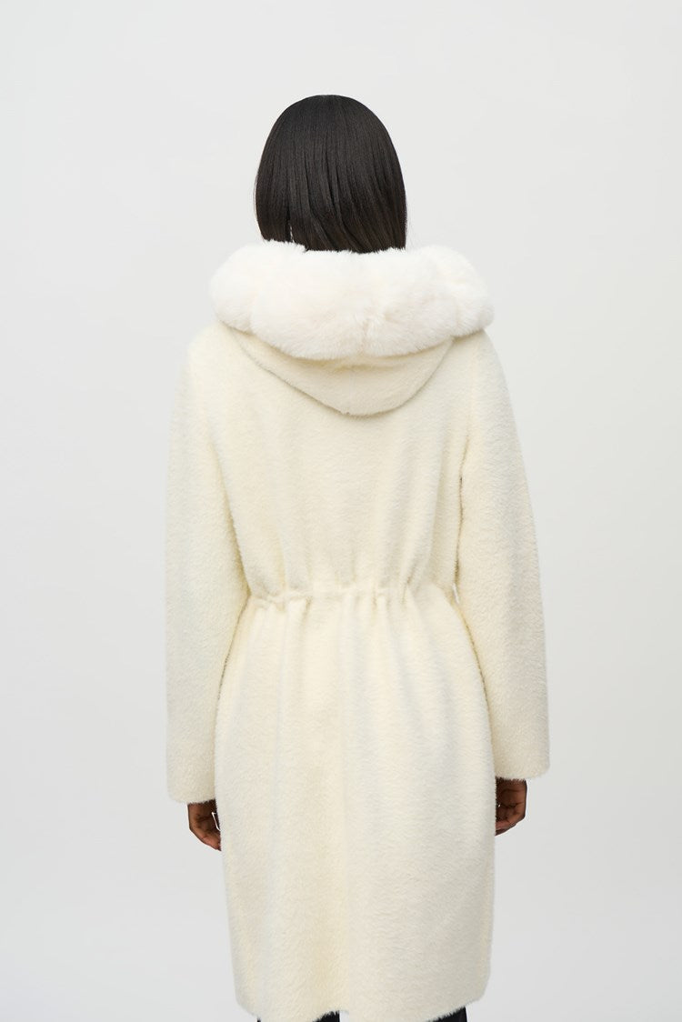 Joseph Ribkoff Vanilla Sweater Knit and Faux Fur Hooded Coat