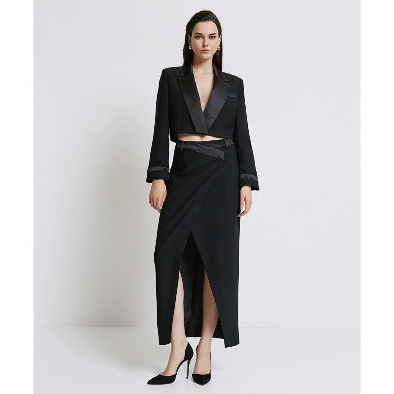 Access Fashion Black Cropped Blazer With Satin Details