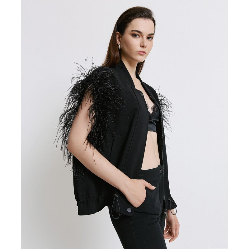 Access Fashion Black Sleeveless Jacket With Feathers