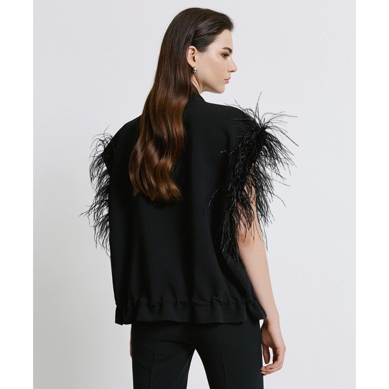 Access Fashion Black Sleeveless Jacket With Feathers