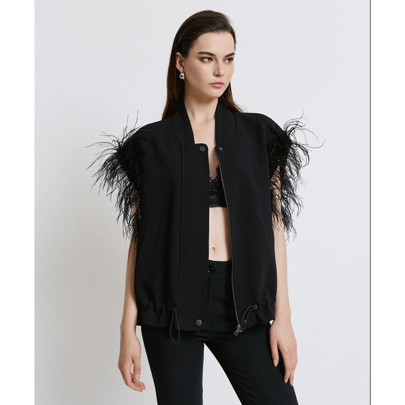 Access Fashion Black Sleeveless Jacket With Feathers